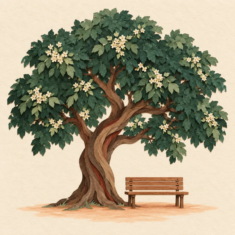 A large flowering tree with a bench beneath it