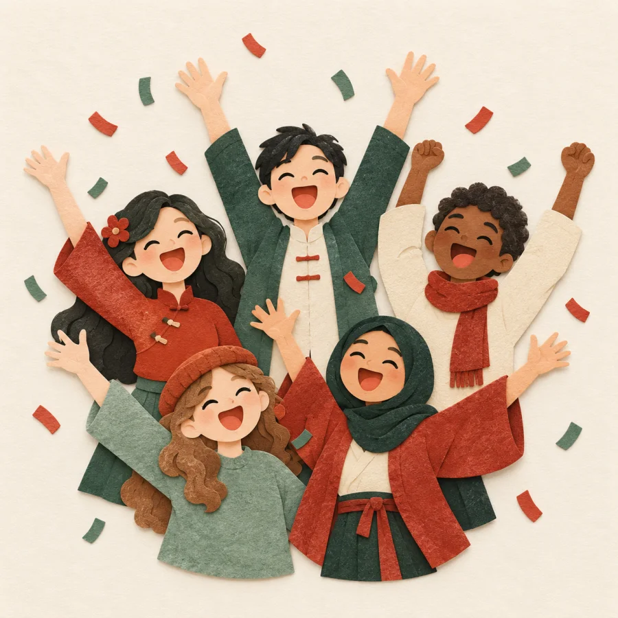 People with raised arms cheer as confetti falls