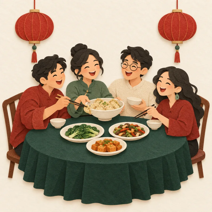 Friends laugh around a round table under red lanterns