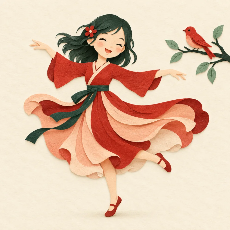 A girl dances with a small red bird perched nearby