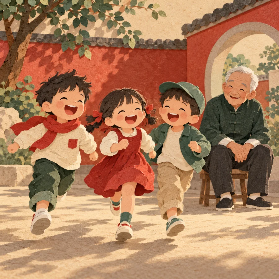 Children run and laugh in a courtyard as an elder smiles