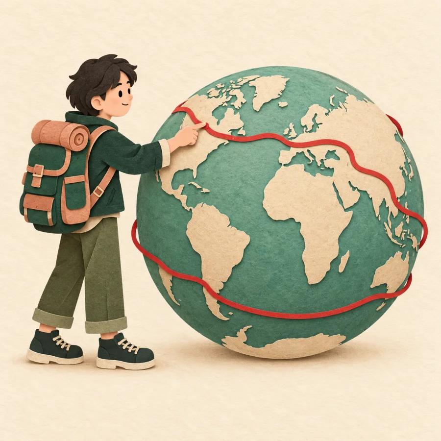 A traveler with a backpack traces a route around a globe