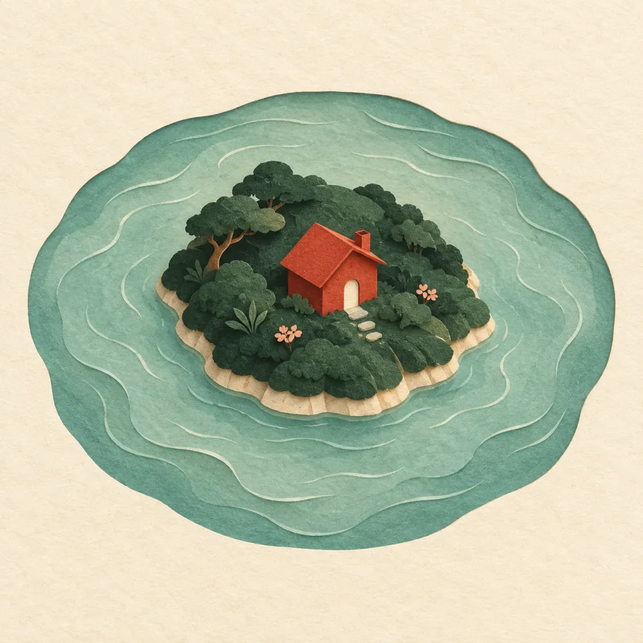 A small island with a house inside a ring of water