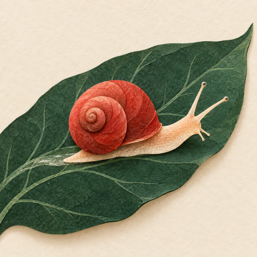 A snail with a red shell crawls slowly along a leaf