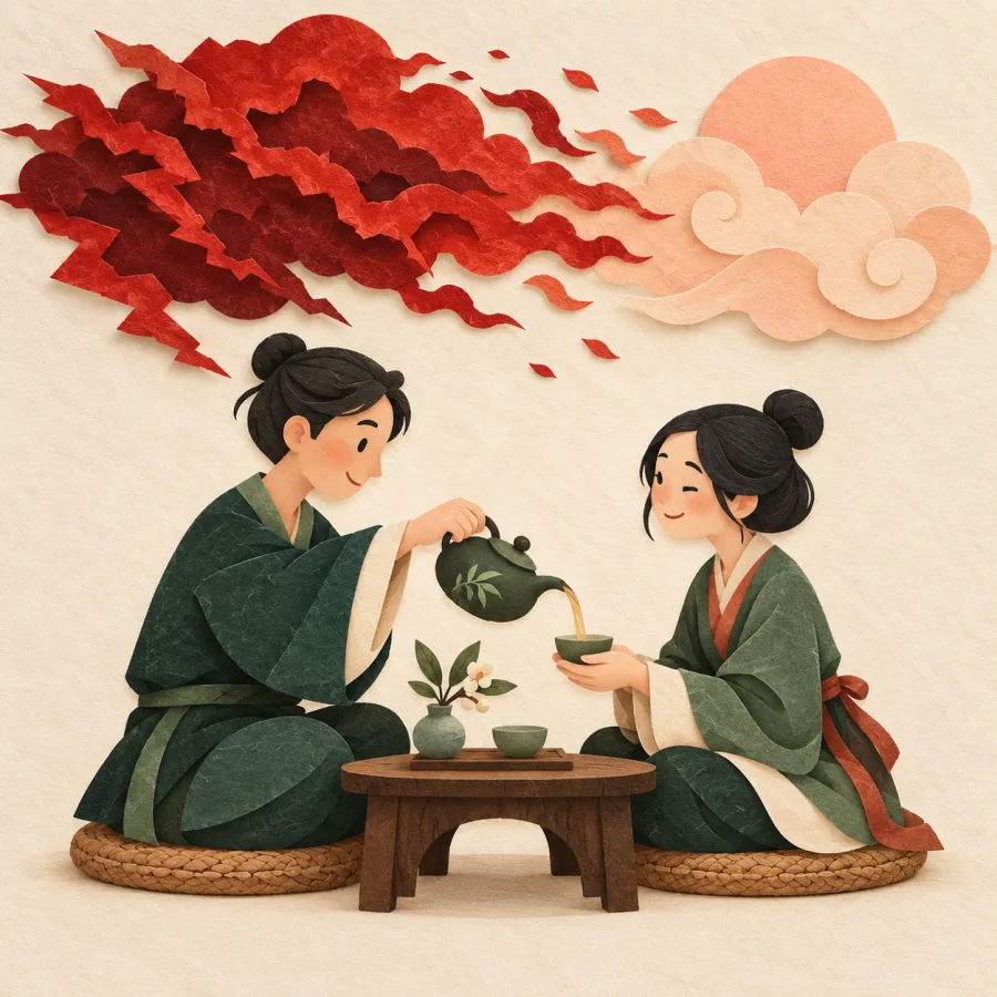 Two people at a table as an angry red cloud fades