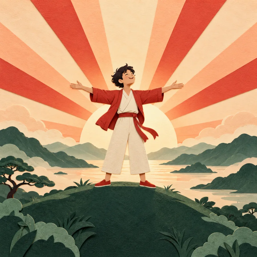 A person spreads their arms at sunrise with rays around them
