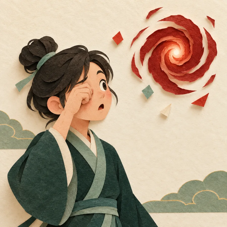A person rubs their eyes as a red spiral floats in the air