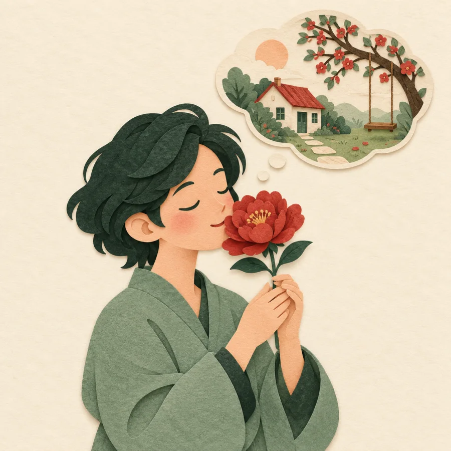 A person smells a flower, a memory of a house above