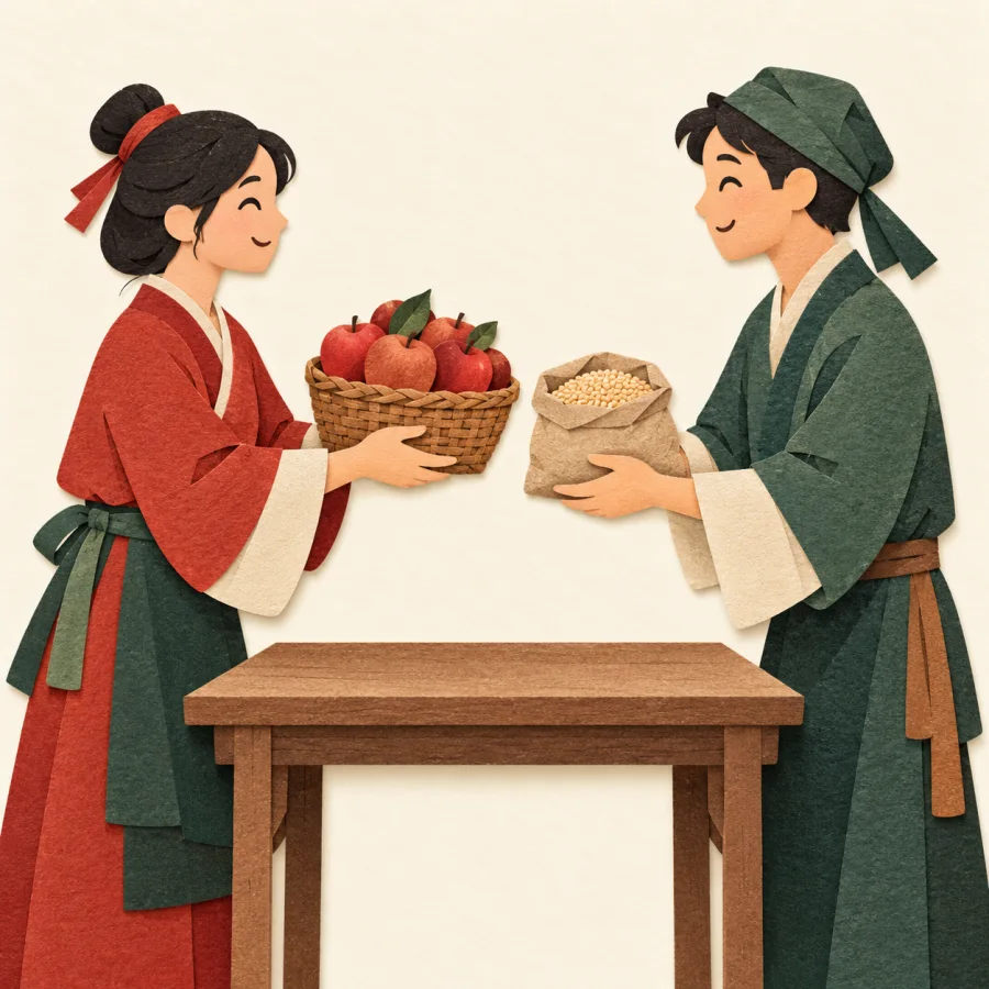 Two people swap a basket of apples for a sack of grain