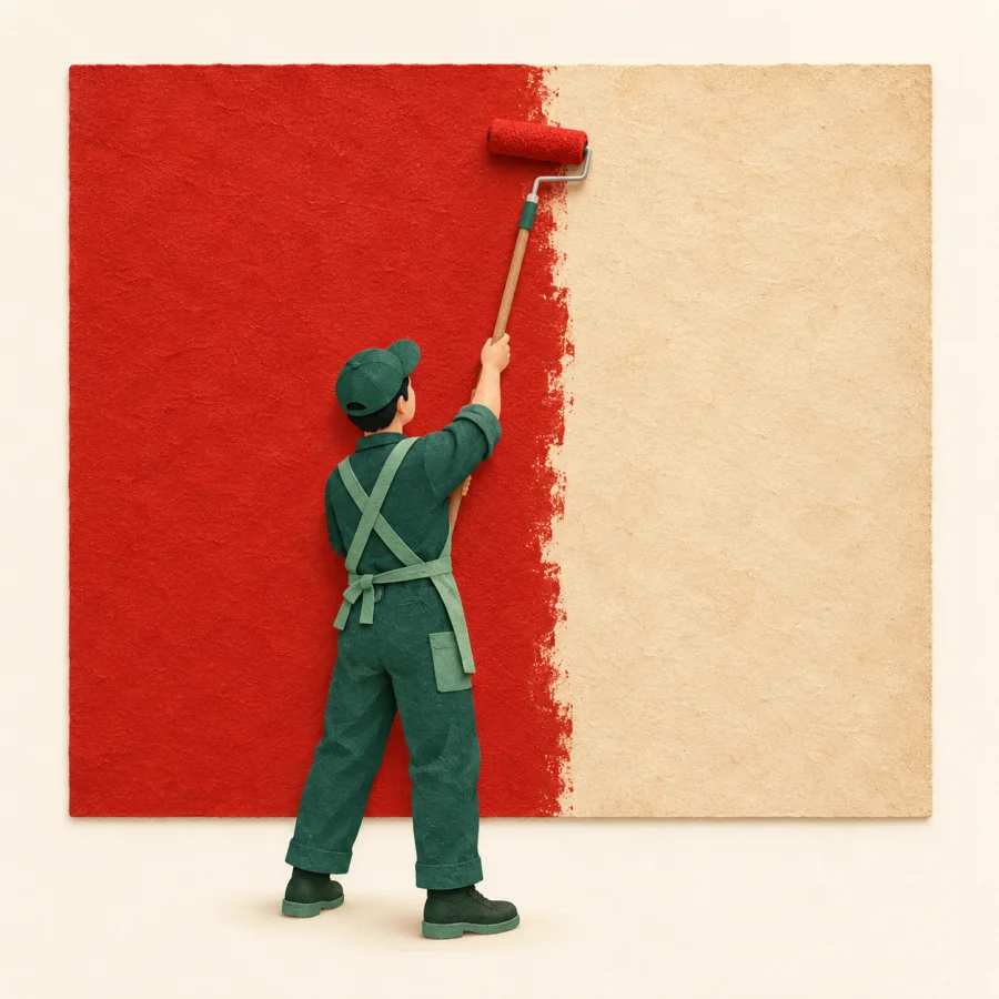 A person paints a wall with a roller, half already red