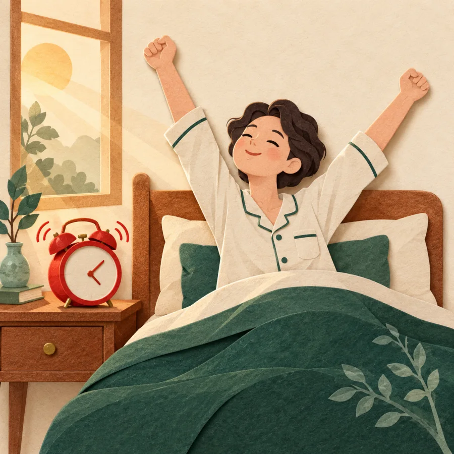 A person stretches in bed as an alarm clock rings