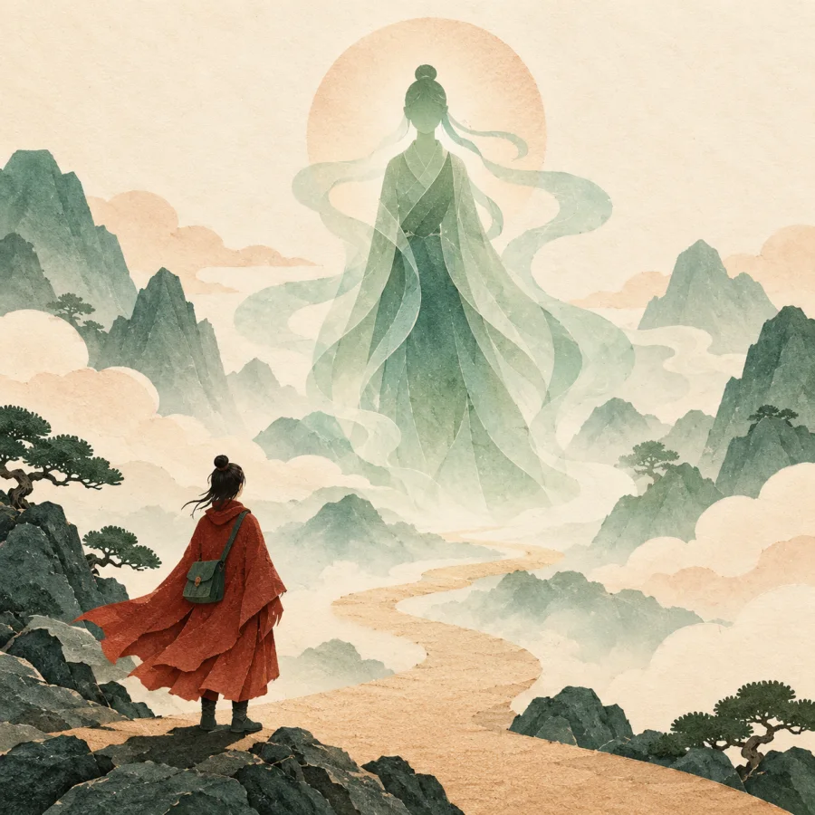 A hazy figure shimmers in mist as a traveler stares