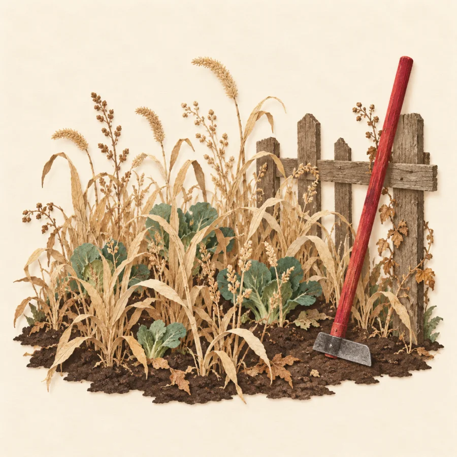 A weedy vegetable plot with a hoe leaning on a fence