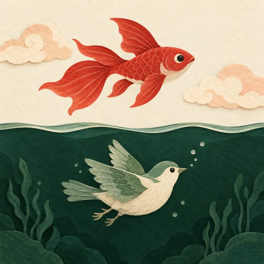 A fish flies through the sky while a bird swims below