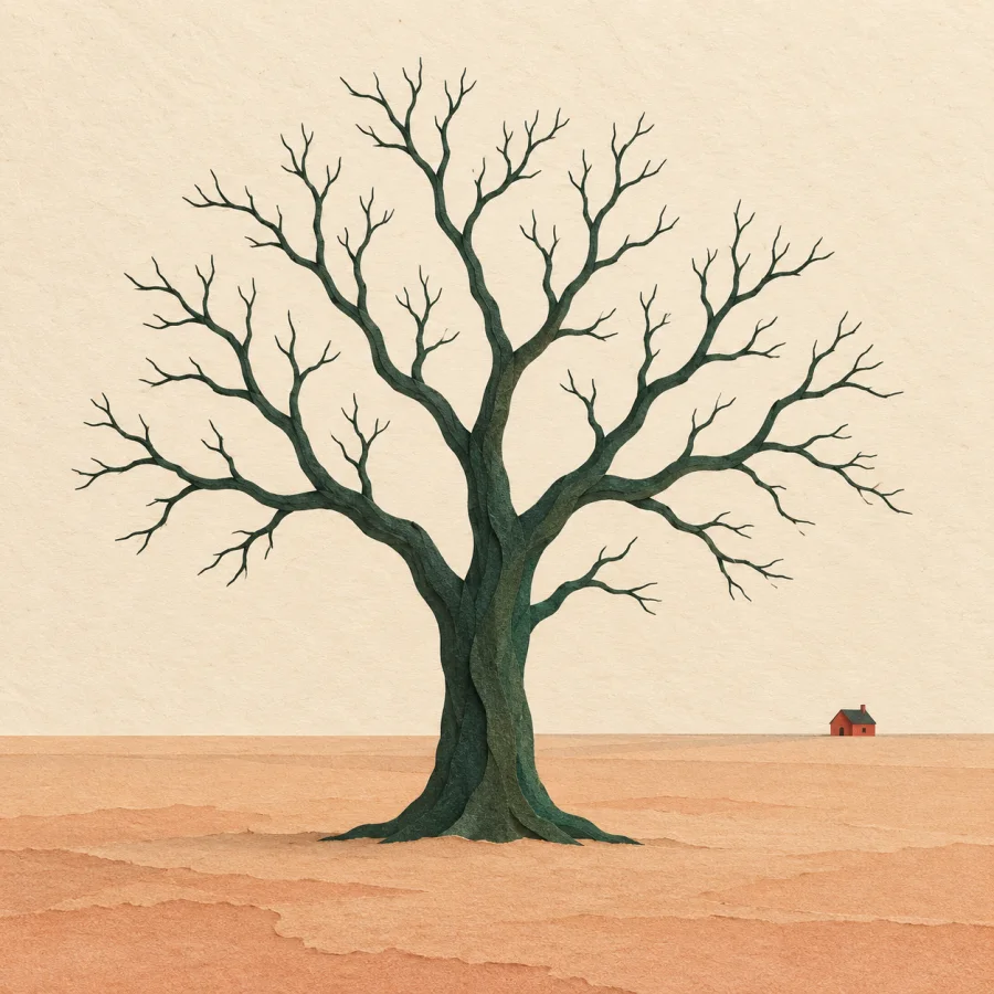 A lone bare tree on an empty plain