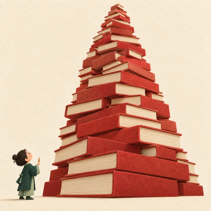 A person with a tiny pencil faces a mountain of books
