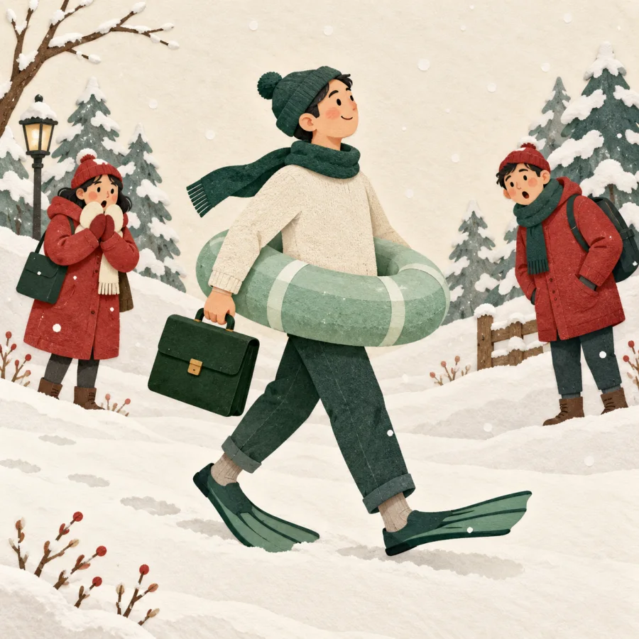 A person in a swim ring walks through snow with a briefcase