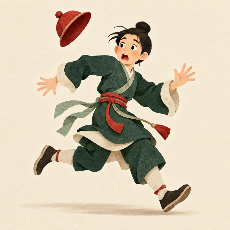 A person runs with flailing arms and glances back