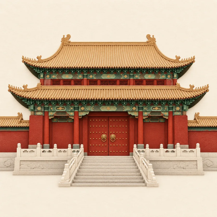 A grand palace with a red gate and tiled roofs