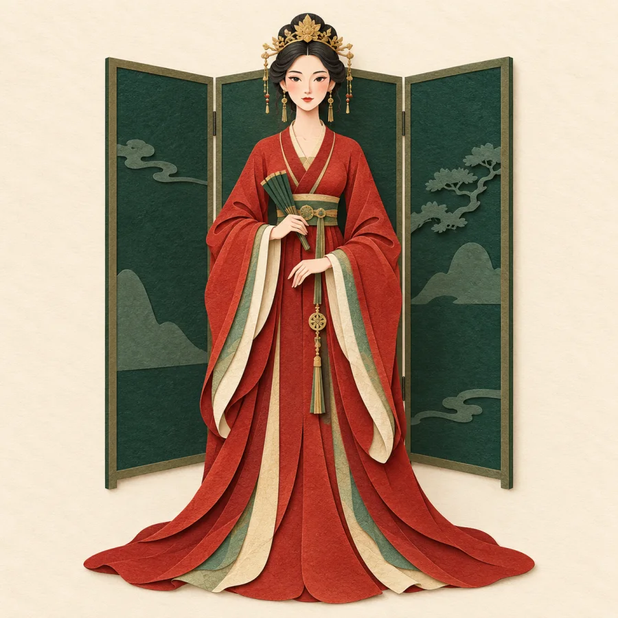 A woman in a red robe and crown before a screen