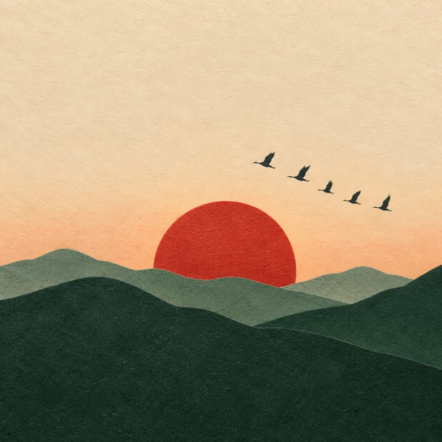A red sun sets behind green hills