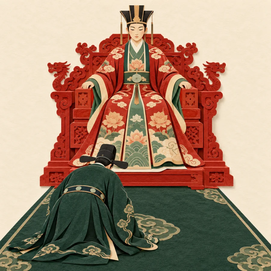 An emperor on a red throne with an official bowing