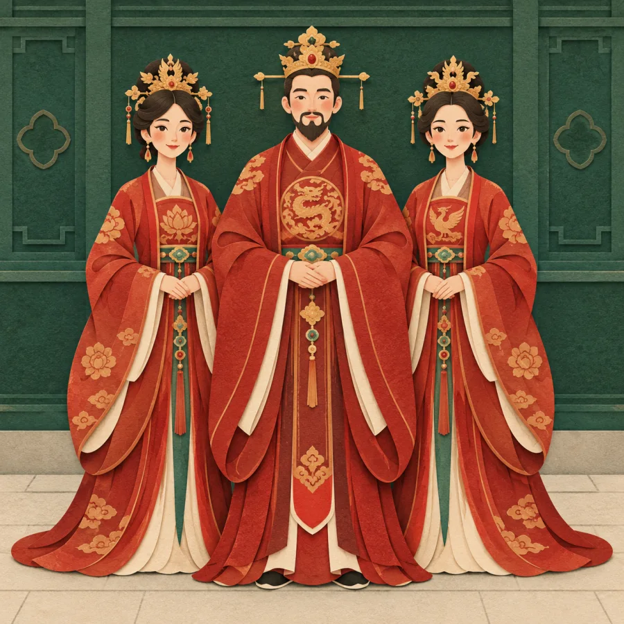 Three crowned figures in red robes stand side by side