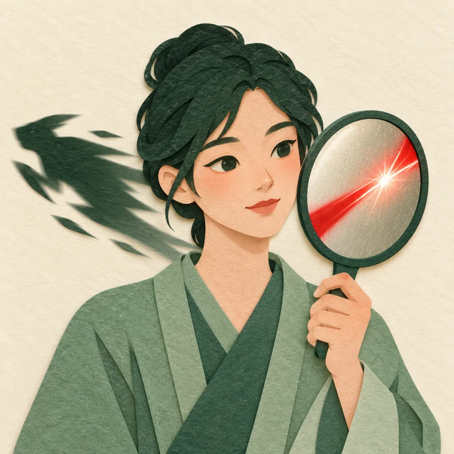 A bright flash of light sweeps across a mirror