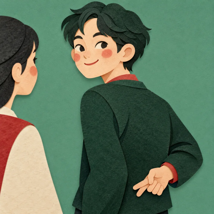 A person smiles sweetly with fingers crossed behind their back