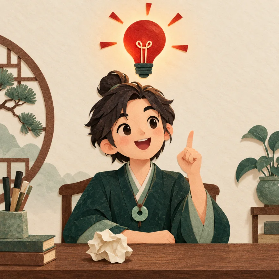 A person raises a finger with a red light bulb overhead