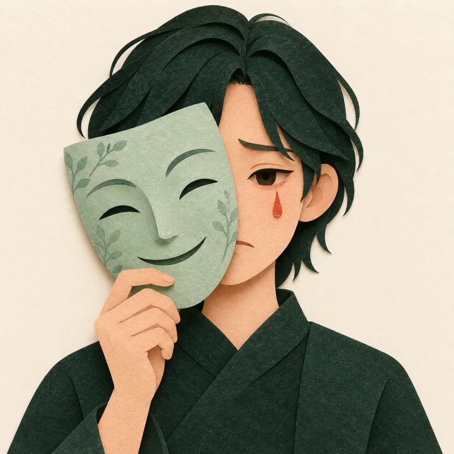 A sad face behind a smiling paper mask