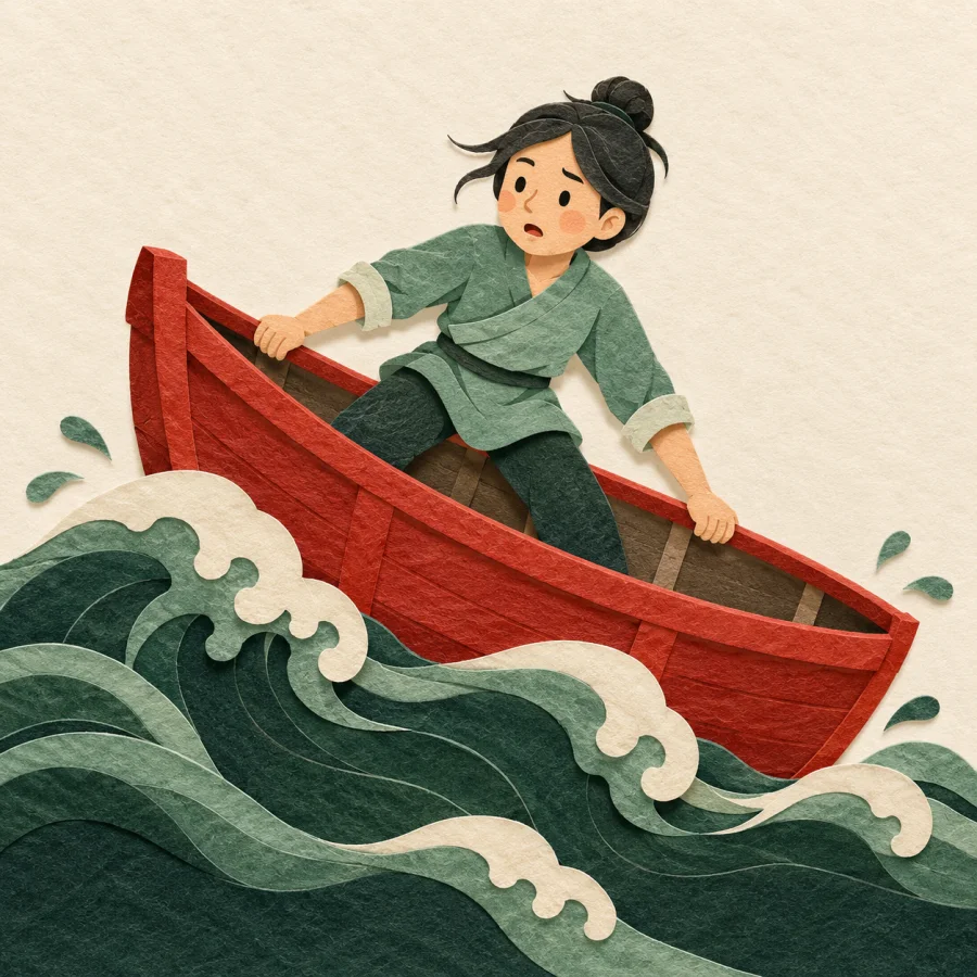 A boat rocks on waves as a person holds the rail