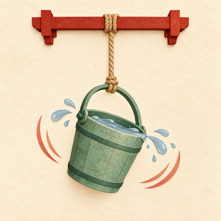 A bucket swings on a rope, splashing water