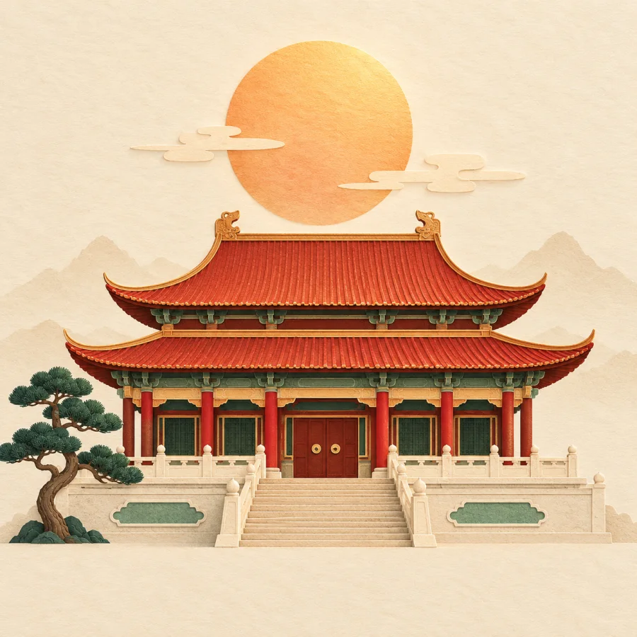 A grand palace with a red roof in bright sunshine