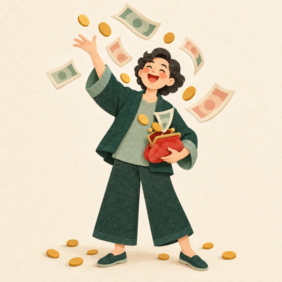 A person tossing coins and bills from a red purse