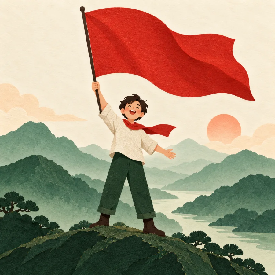 A person on a hill waving a large red flag