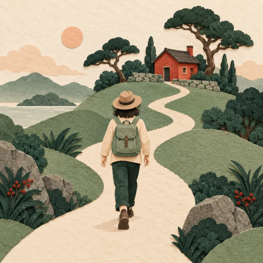 A traveler walking back along a path to a red house