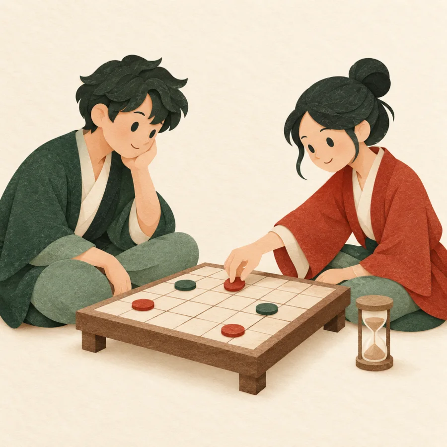 Two players at a board game with an hourglass