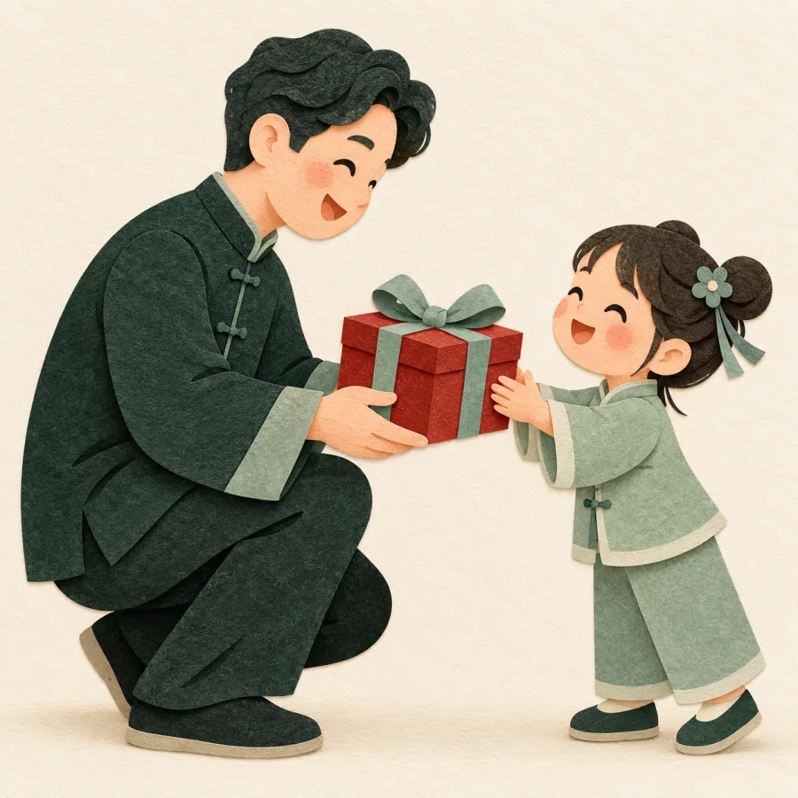 A smiling person handing a child a red gift box