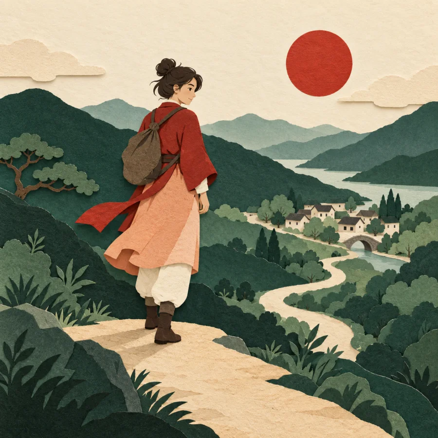 A traveler on a hill looking back at the road and village