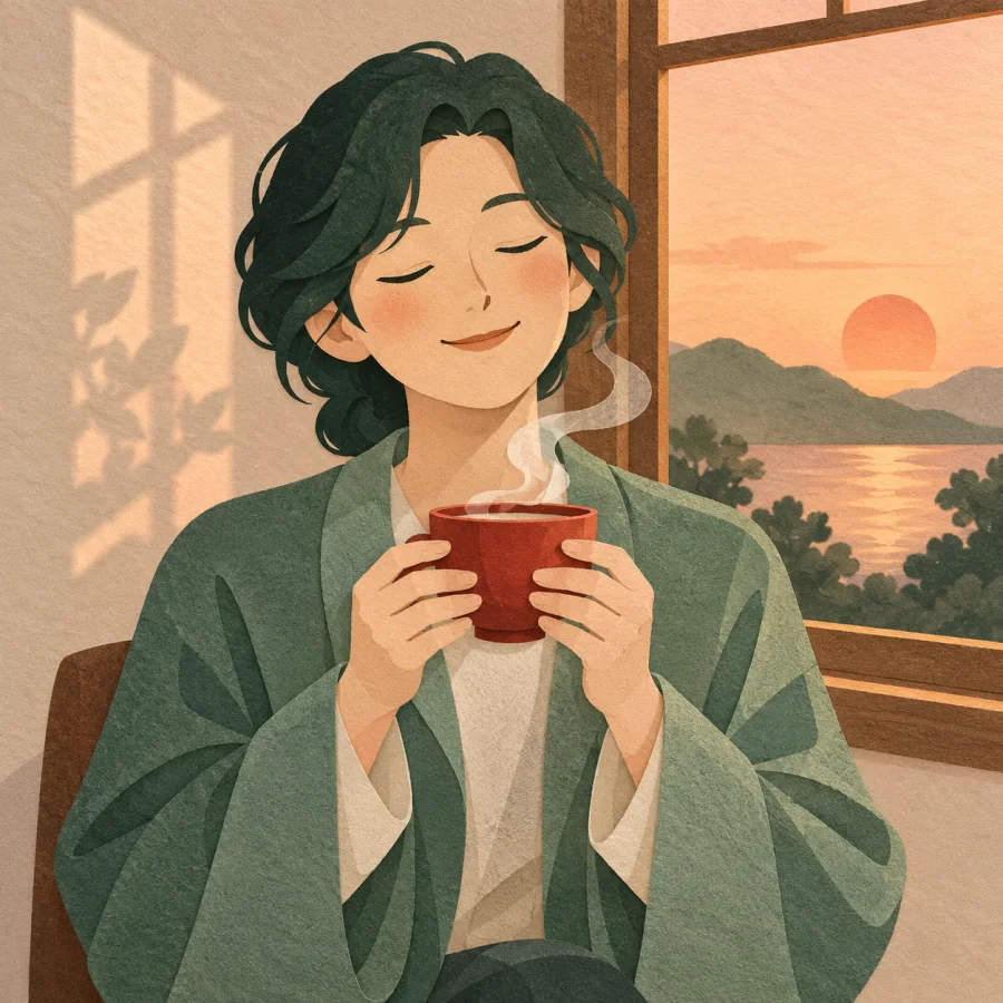 A person by a window with closed eyes holding a tea cup