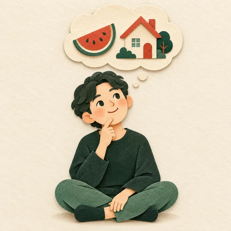 A thoughtful person with a cloud showing a watermelon and a house
