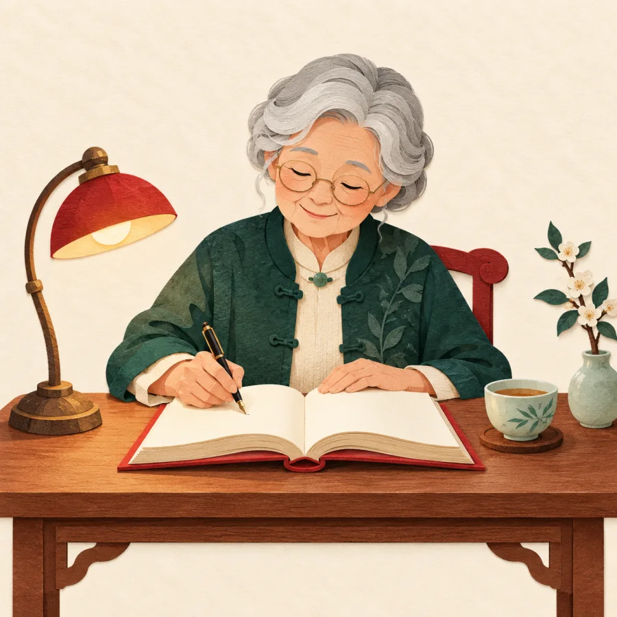 An elderly person writing in a thick book at a desk
