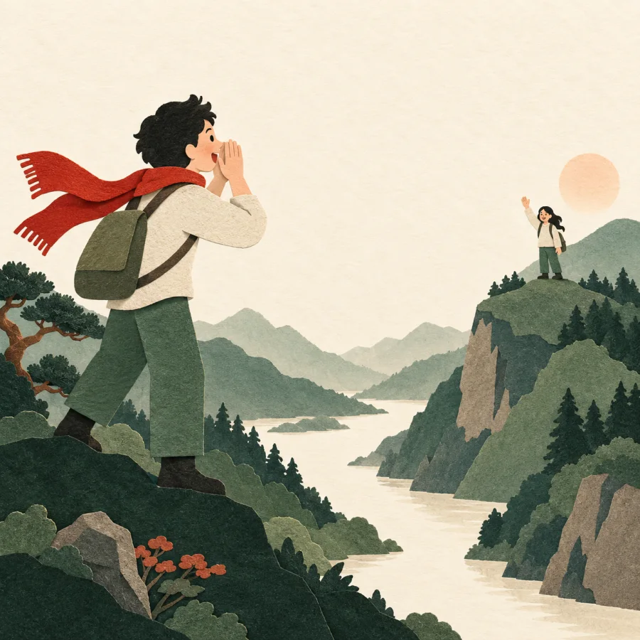 One person calls across a valley and another waves back
