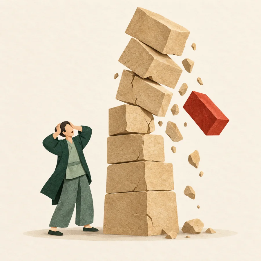 A block tower collapsing while a person holds their head