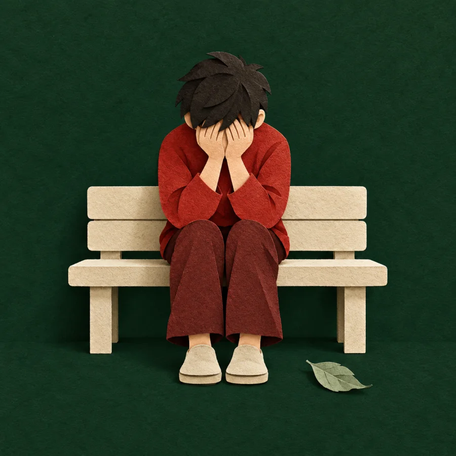 A person sitting on a bench with hands over the face