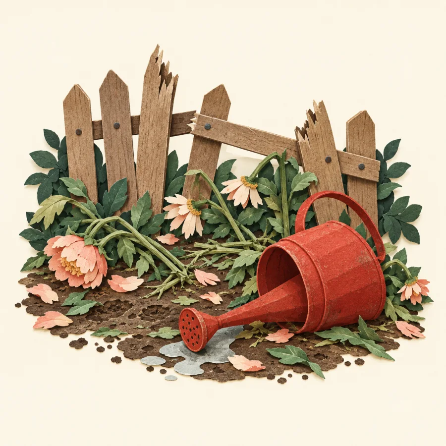 A broken fence and trampled flower bed with a tipped watering can