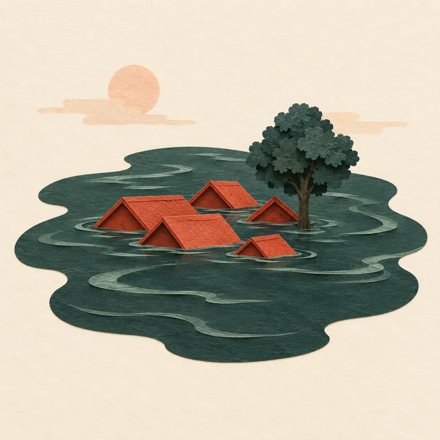 A small village almost entirely under floodwater