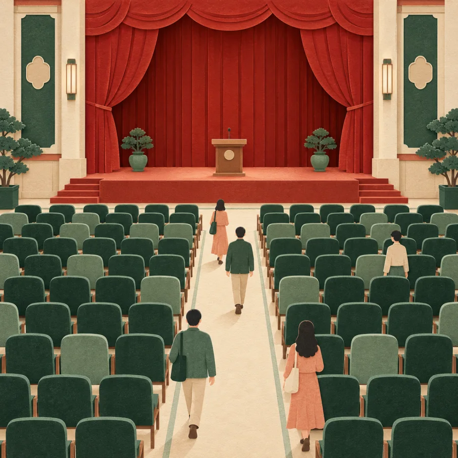 A large hall with rows of chairs and a stage podium