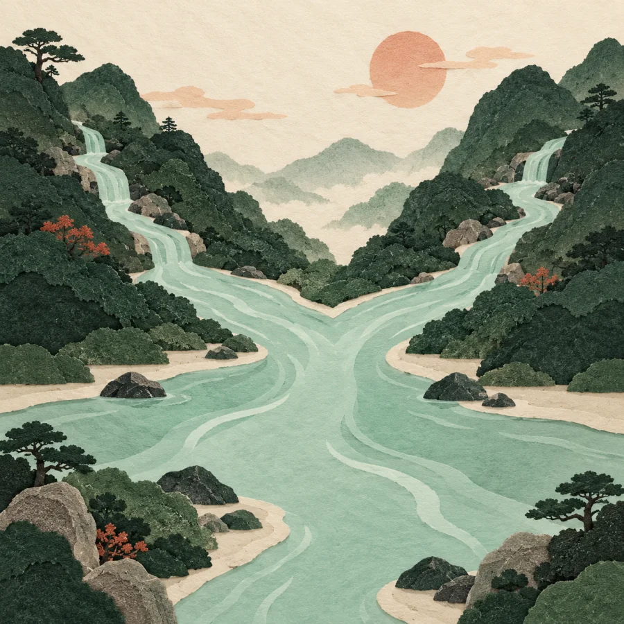 Two streams merging into one river between hills